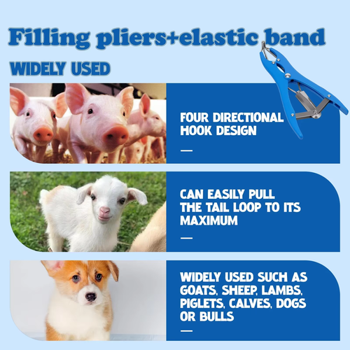 Animal Castration Elastrator Ergonomic Grip Animal Filling Pliers Tool With 100 High Elastic Band for Goat Sheep Calf Lamb Piglet
