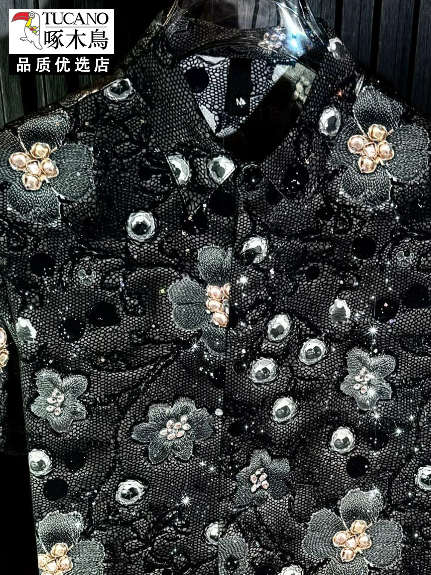 Grey shirt with floral print and all-over rhinestone embellishment