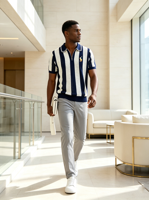 Blue and white striped, refreshing vacation, sporty gentleman's T-shirt