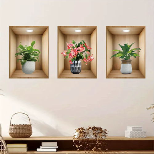 3pcs Watercolor Realistic Potted Flower Plant Wall Stickers Removable for Bedroom Living