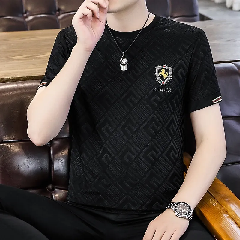 Black short-sleeve  ice silk  top featuring a gold logo, crew neck, and letter print.