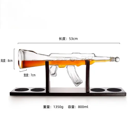 Handblown Borosilicate Gun Shaped Glass Whiskey Decanter Set with Wooden Tray