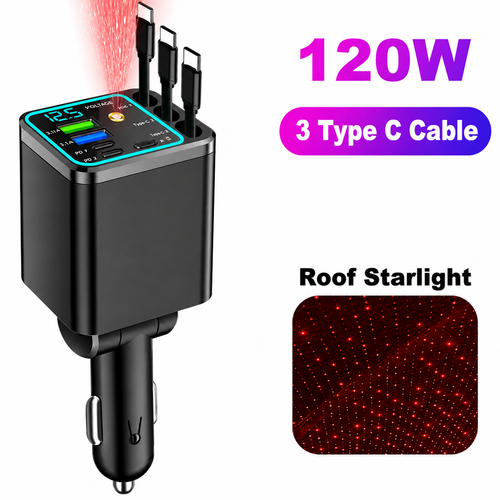 7-in-1 Retractable Car Fast Charger (with Starry Sky Roof Light)