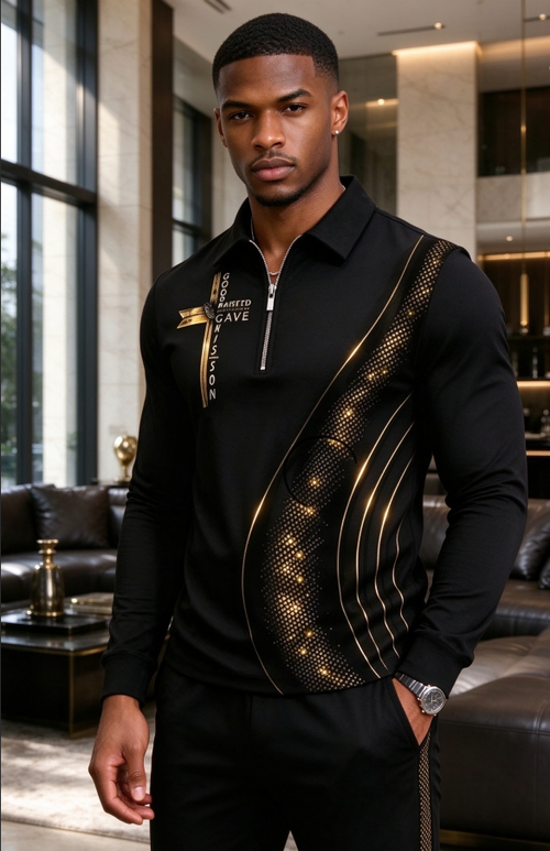 Men's Luxury Black Gold Printed Quarter Zip Long Sleeve Shirt