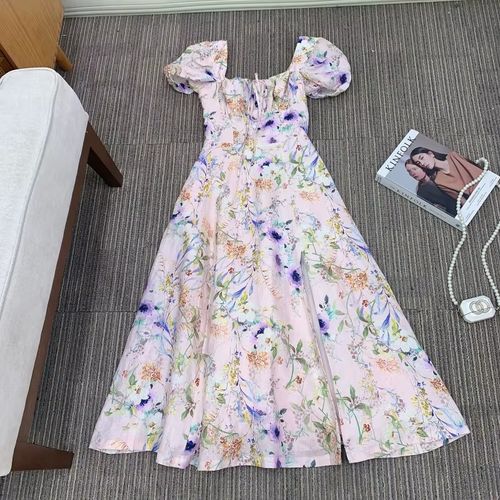 P.tre French Style Pure Linen Dress Elegant Floral Print Slimming Classic A-Line Skirt Casual Summer Long Dress for Travel