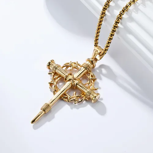 Thorn Wreath Cross Pendants Stainless Steel Artistic Retro Men Personality Fashion Necklaces Jewelry