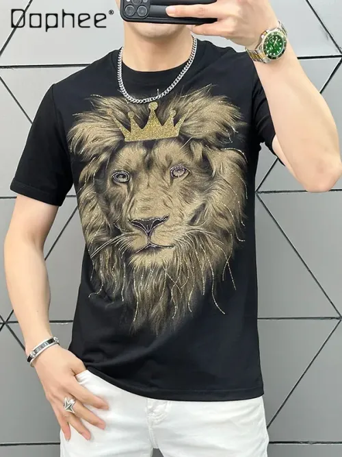 Summer Men Shiny Rhinestone Crown Lion Print Round Neck Black Breathable Slim Fit