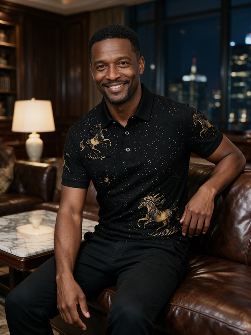 Mature light luxury, black gold business casual T-shirt