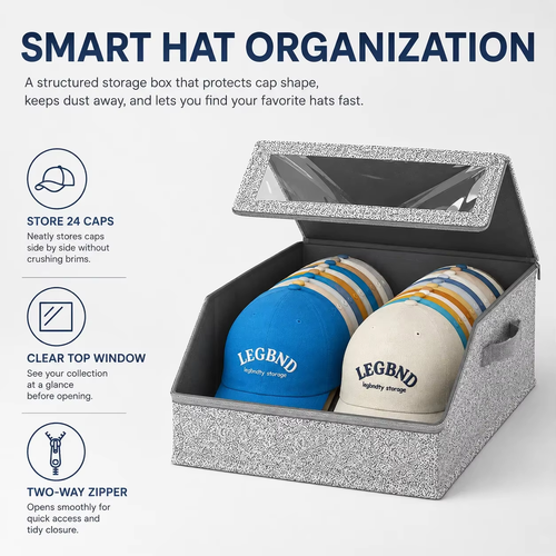 2pcs Stackable Baseball Cap Organizer Boxes-Large Capacity,Foldable Fabric Storage Boxe with Clear Lid&Metal Handles for Clothes,Hats