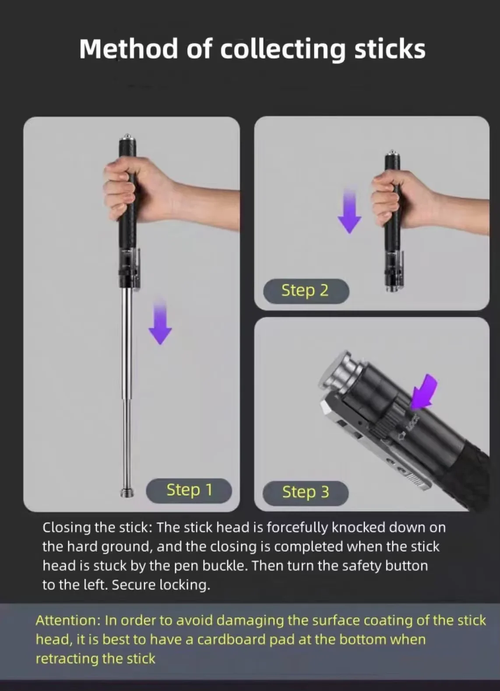 Automatic Spring Expandable Baton – Self-Defense Weapon, Legal Car-Carry Solid Steel Telescopic Stick (3-Section)