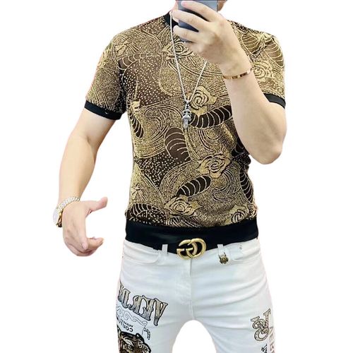 Ice Silk Hollow Mesh T-shirt for Men Luxury Printed Short Sleeved Casual T-shirt Social Streetwear Round Necked Tee Top