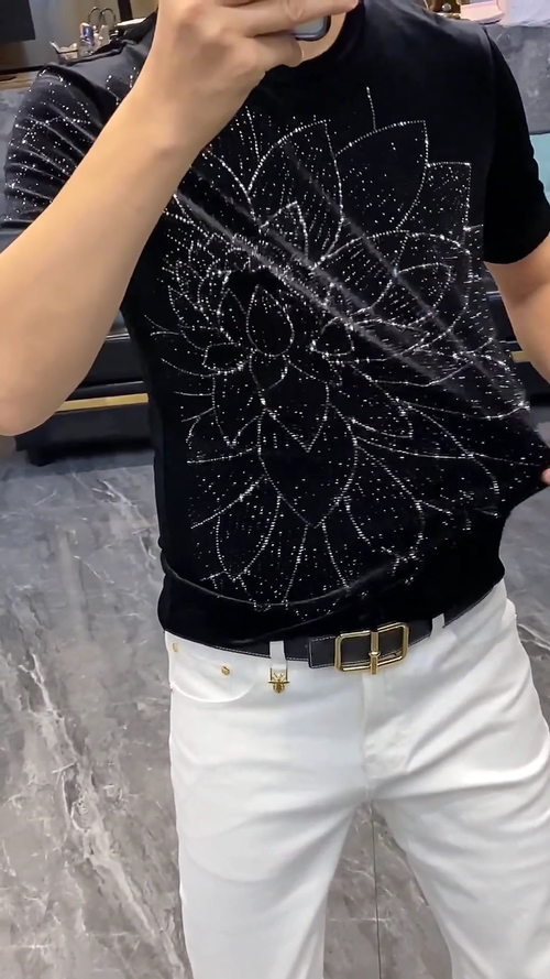 Men's Breathable T-Shirt with Rhinestone Lotus Design