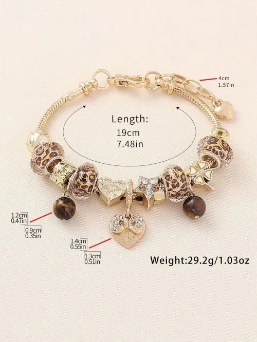 Stylish Leopard Print Butterfly Heart Bracelet Shiny CZ Star Charm Bracelet Women Trendy Daily Party Jewelry
