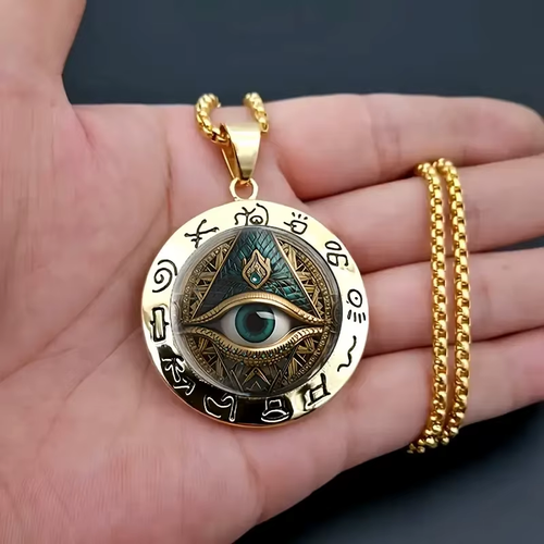 Hieroglyphic Eye Pattern Glass Pendant Zinc Alloy Artifact-Style Statement Necklace for Women Fashion Jewelry Accessory