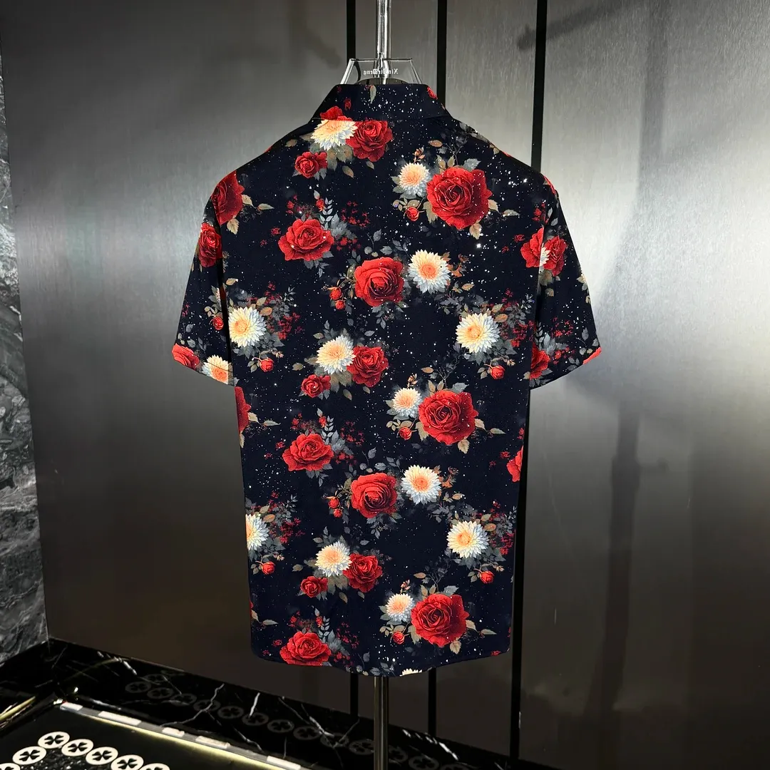 Bright red rose-print ice silk shirt