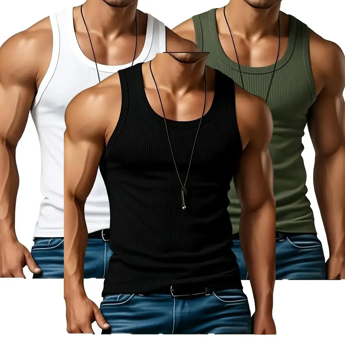 Men's 3PCS Ribbed Knit Tank Tops - Polyester Fabric, Lightweight Sleeveless Plain Menswear Casual Vests for Gym, Daily Wear, Outdoor Fitness,summerwins