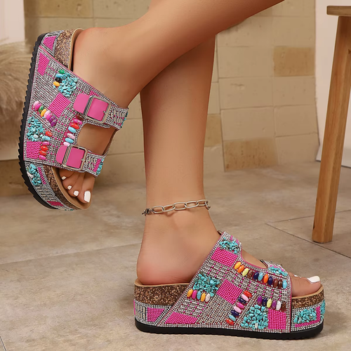 Women's Rhinestone Double Buckle Thick Sole Sandals – Fashionable Summer Shoes