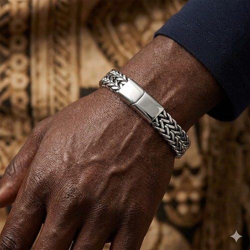 5*10cm Stainless Steel Braided Double Row Front and Rear Fish Scale Alloy Magnetic Buckle Bracelet with Keel Jewelry New Model