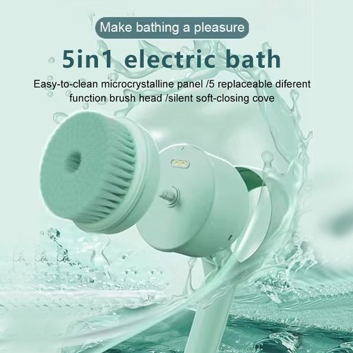 Rechargeable electric shower brush with long handle and 5 rotating brush heads