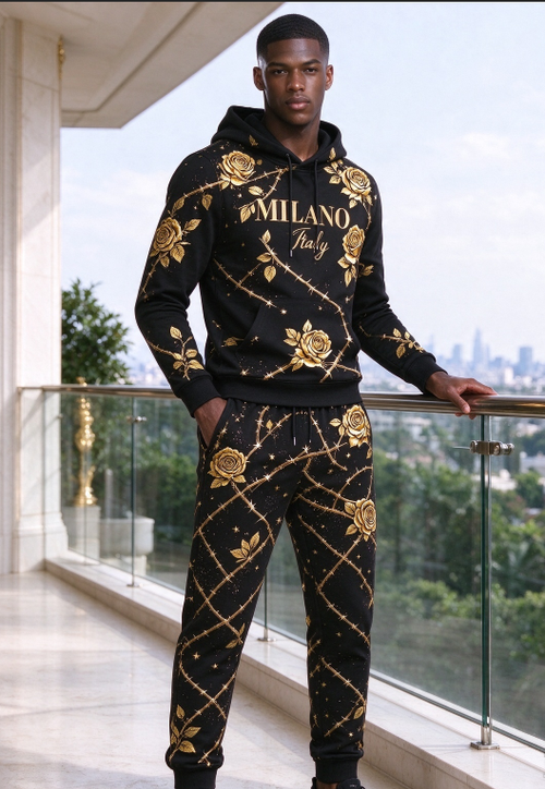 Men's Golden Rose Thorn Print Hoodie Tracksuit 2 Piece Set, Luxury Black Gold Hooded Sweatshirt And Jogger Pants Outfit