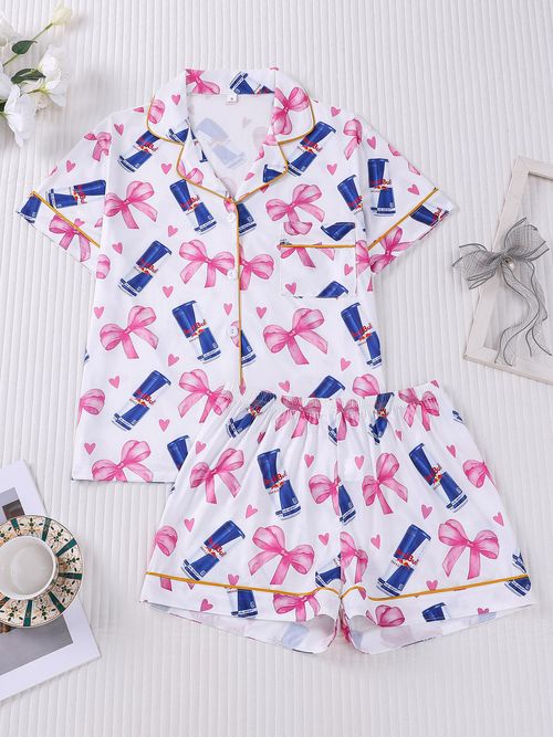 Women's New Arrival Printed Short Sleeve Shorts Pajama Set Lapel Bow Tie Pattern Comfortable Loungewear for Home