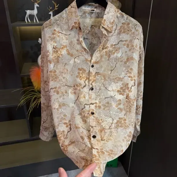 Men's white summer printed ice-silk shirt