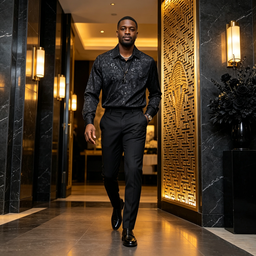Men's Black Cuban-Collar Printed Shirt