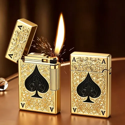 Metal Side Sliding Granding Wheel Inflation Soft Flame Impact Butane Lighter Ping Sound Lucky Poker Cigarette Lighter Smoking (NO GAS)