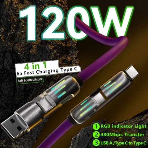 3 in 1 USBType C to Type C Cable counter Tangle RGB Luminous 120W Fast Charging Data Sync Cord Liquid Silicone Aluminum Alloy