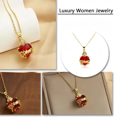 Gold Plated Sacred Heart of Jesus Cross Necklace Red Zircon Religious Catholic Pendant Necklaces For Women Girls Jewelry