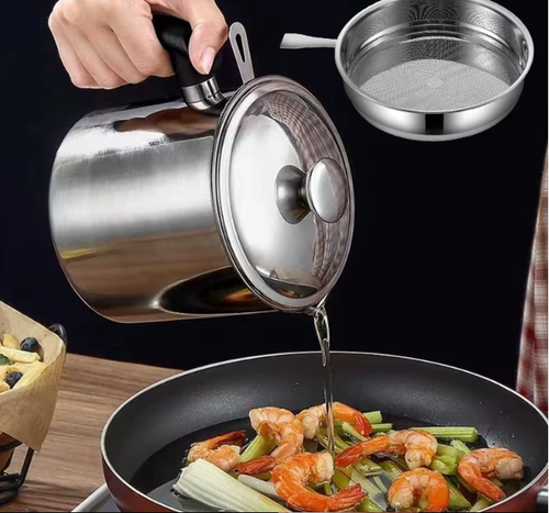 1.4L Durable Stainless Steel Oil Pot With Built-in Filter - Easy To Invert Design, Leak-proof