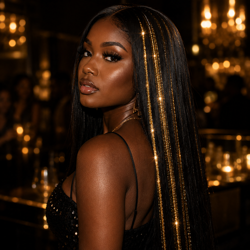 ✨ Holographic Gold Sliver Clip-In Hair Tinsel Extension – One-Piece Sparkling Hair Extension for Party, Birthday & Special Occasions ✨
