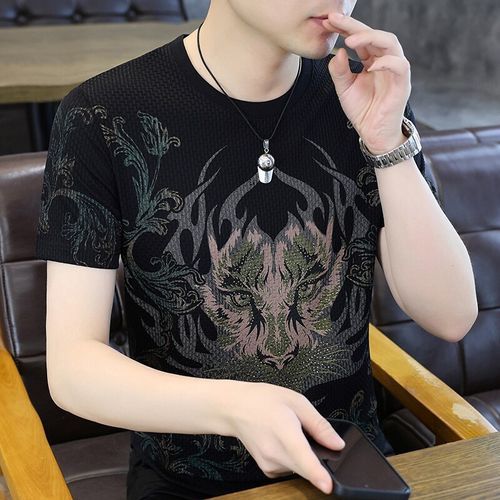 Men's Black Ice Silk T-Shirt with Tiger Head Print