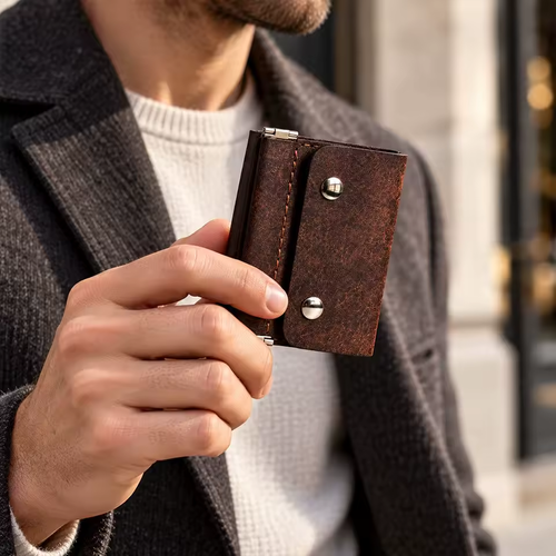 New Leather Compact Trifold Wallet Button Closure Vintage Tri-Fold Billfold Portable Leather Wallet