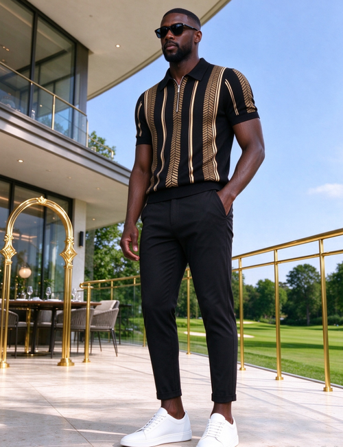 Men's Black Gold Vertical Striped Zip-Up Polo Shirt