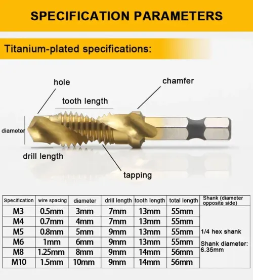 6PCS Metric Titanium Drill Tap Combination Bit Set Hex Shank HSS Screw Thread Bit Thread M3 M4 M5 M6 M8 M10 Taps Tool