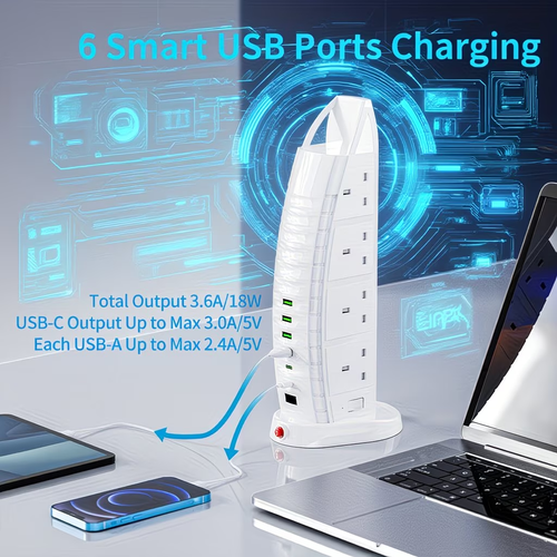 8 Way Multi Plug Extension Tower with 6 USB Ports
