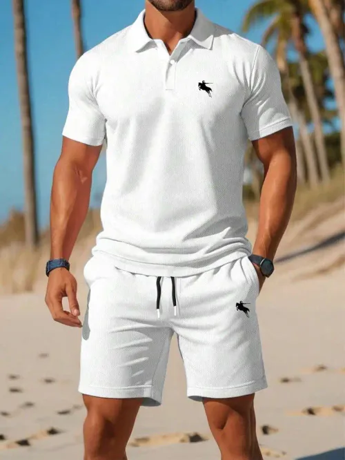 Men's Breathable Polo Shirt and Drawstring Shorts Set, Loose Fit, Casual Summer Wear