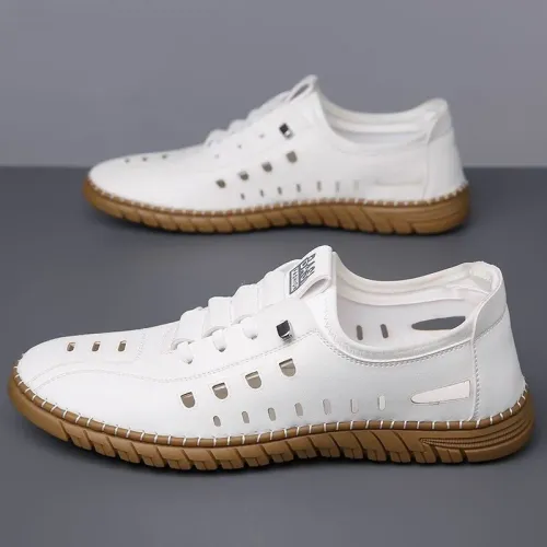 2026 Summer Men Casual Leather Shoes Breathable Hollow Out Slip On Loafers