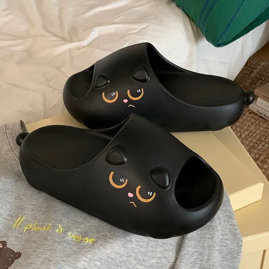 New creative black cat slippers for women summer soft cloud mules clogs woman strap sandal shoes cute kitty mary jane EVA sliper