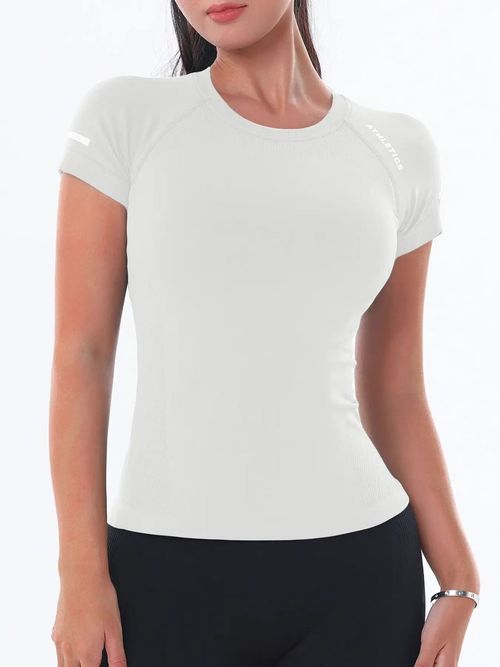 Women's Letter Print Raglan Sleeve Sports Tee, Round Neck Short Sleeve T-Shirt, Activewear T Shirt, Ladies Sportswear for Yoga Gym Workout