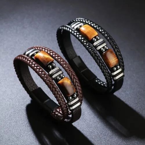 🔥Versatile Vintage Leather Bracelet 📿 Braided Layered Tiger Eye Stone Wristband