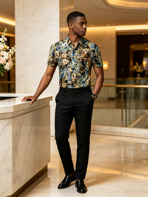 Black gold blue floral shirt