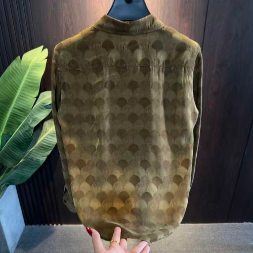 Brown breathable long-sleeve shirt with ginkgo leaf jacquard pattern