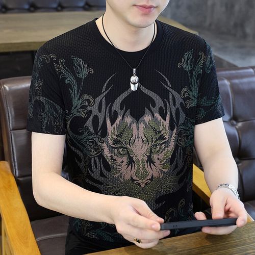 Men's Black Ice Silk T-Shirt with Tiger Head Print