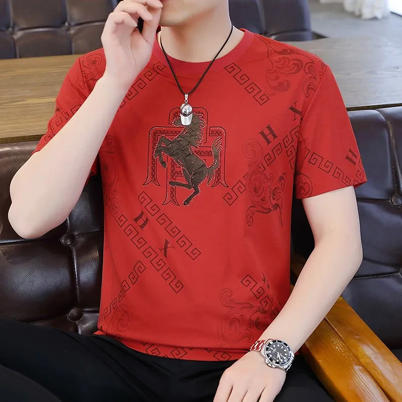 Red Steed Print Ice Silk Short-Sleeve Top