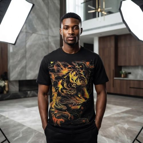 New High-Quality Rhinestone-Embellished Short-Sleeve Tee – Flaming Tiger Design