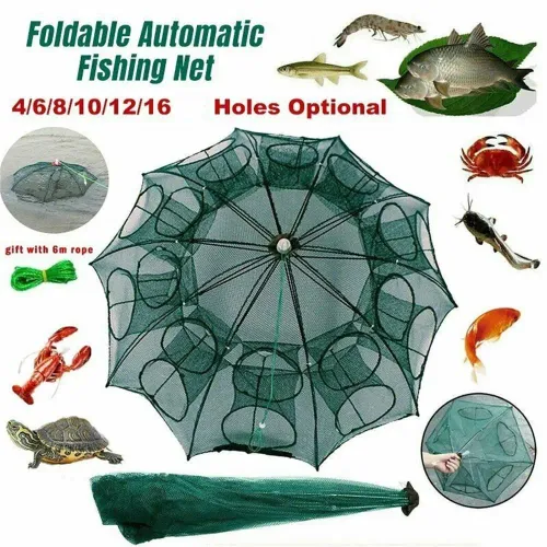 Durable Nylon Mesh Magic Fishing Trap Green Foldable Shrimp Cage Easy Throw Full Automatic Crab Fish Net Outdoor