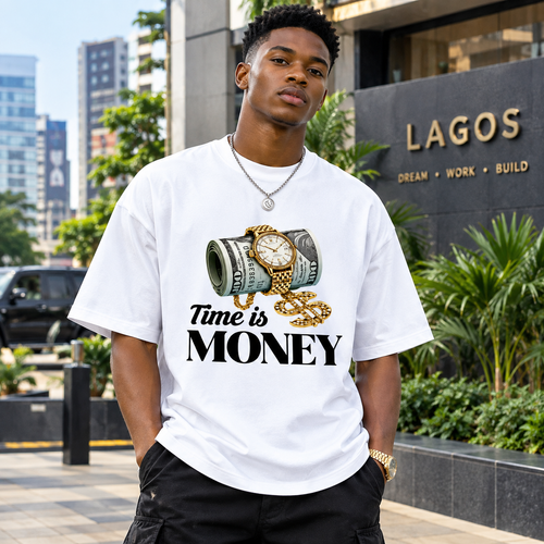 Men's Time is Money Graphic Print Tshirt, Hip Hop Streetwear Style Crew Neck Top, Soft Breathable Fabric for Casual Outfits, Cargo Pants, Joggers