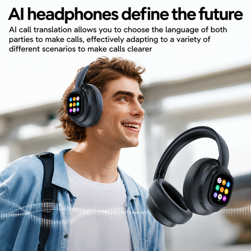 AI Wireless Bluetooth Hi-Fi Headphones with LCD Touchscreen and Deep Bass
